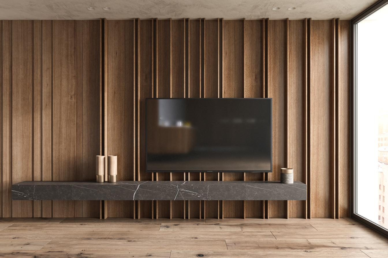 Holzlamellenwand mit dunkler Marmorablage