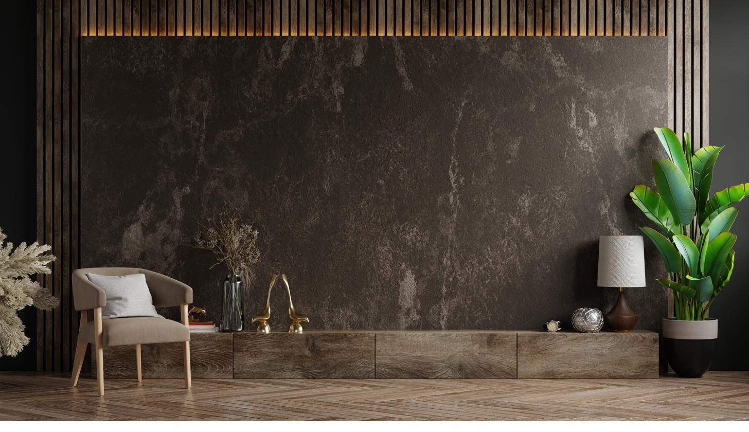 Eleganter Wohnbereich mit Naturstein-Wand und Walnuss